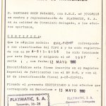 Documento · Certificado fabricación Evil Fight, mayo 1980