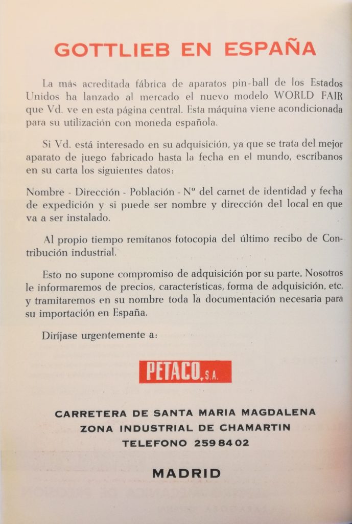World Fair - Documento · Anuncio en prensa pinball World Fair, Petaco (Gottlieb). Año 1964